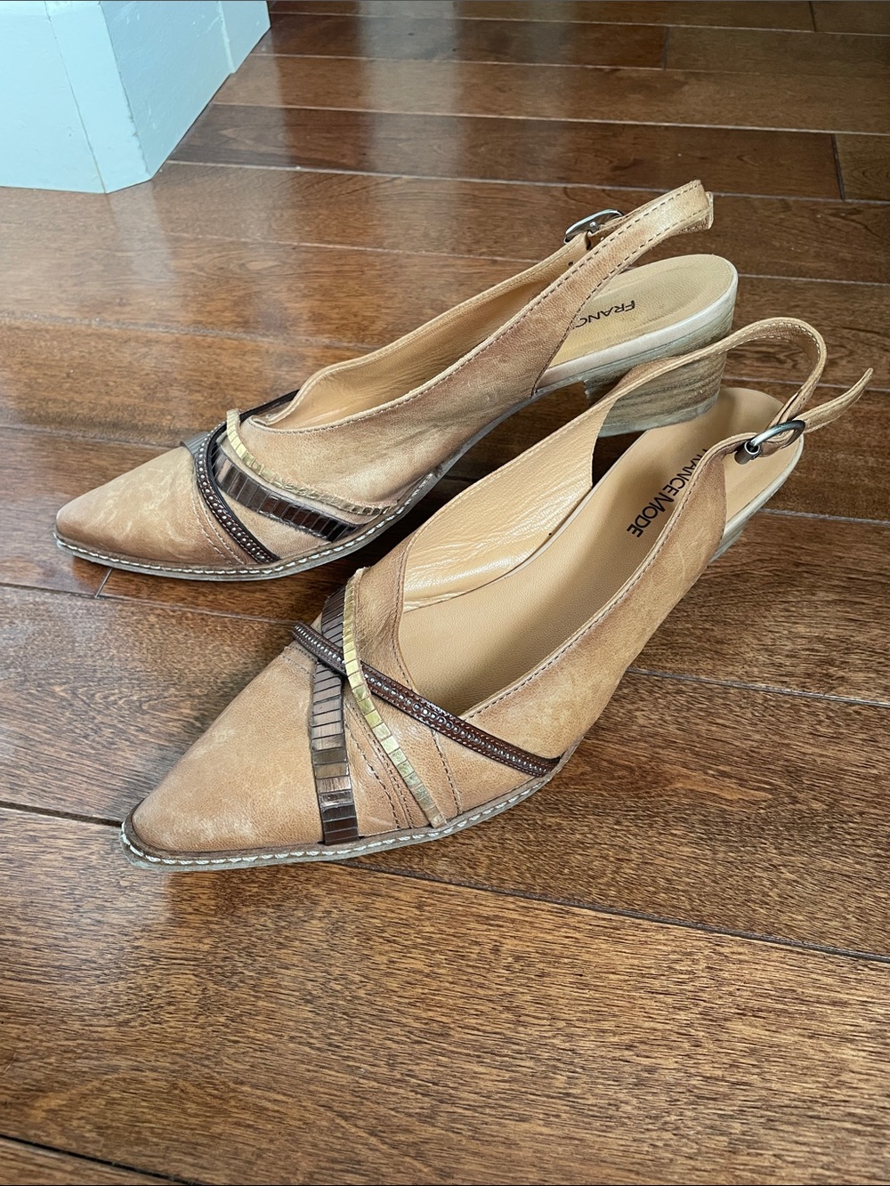 Rare France Mode Tan PointedToe Slingback Mules Brown & Gold Accents Size 40